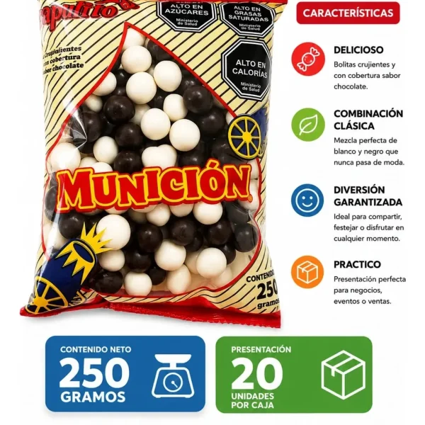 Munición Café con blanca bolitas de chocolate 250 g Ex-Inco caja 20 bolsas