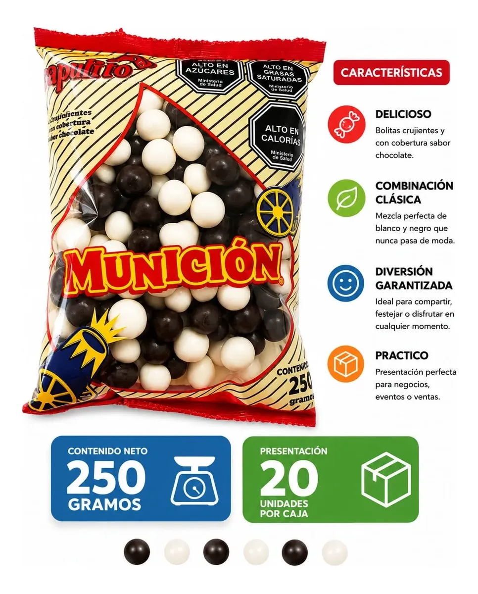 municion b:n 2 Munición Café con blanca bolitas de chocolate 250 g Ex-Inco caja 20 bolsas - Imagen 1