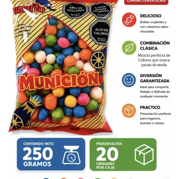 Munición Colores bolitas de chocolate 250 g Ex-Inco caja 20 bolsas