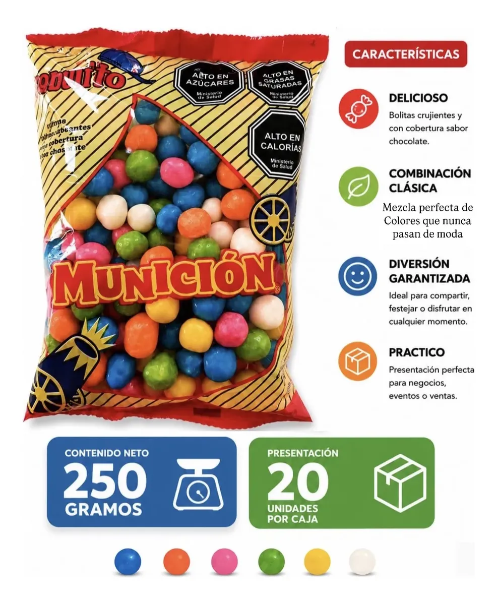 municion color 2 Munición Colores bolitas de chocolate 250 g Ex-Inco caja 20 bolsas - Imagen 1